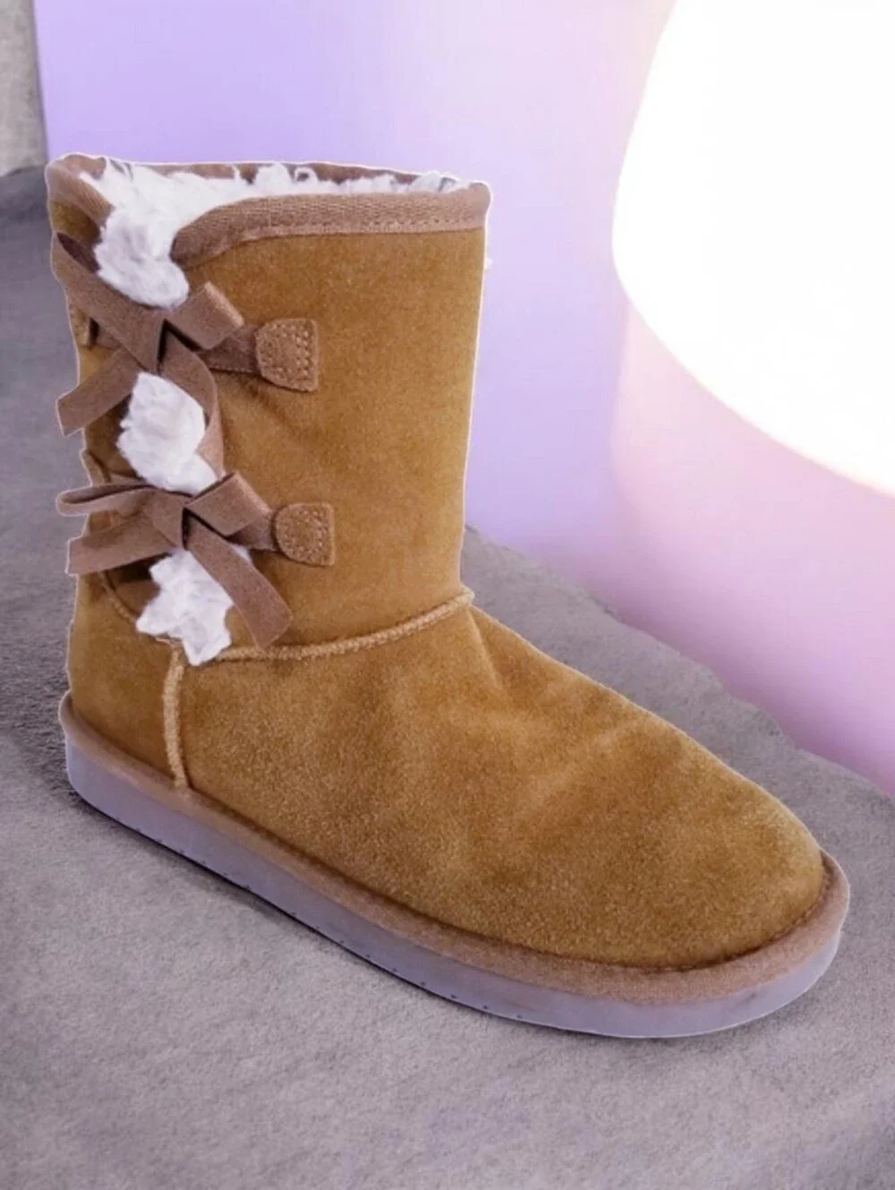 Koolaburra UGG Victoria Short Boots Girls 4 Bow Suede Faux Fur Chestnut Brown